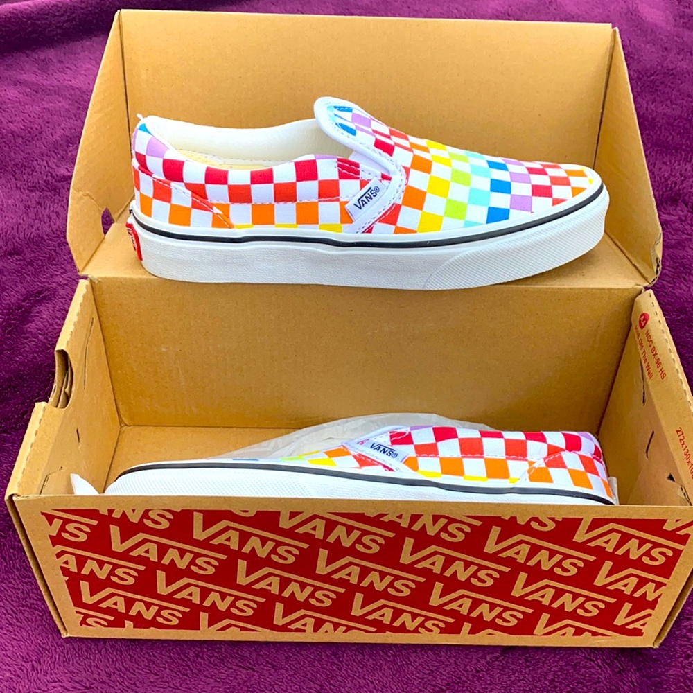 Vans Rainbow Checkered Slip-Ons, Size 3 kids